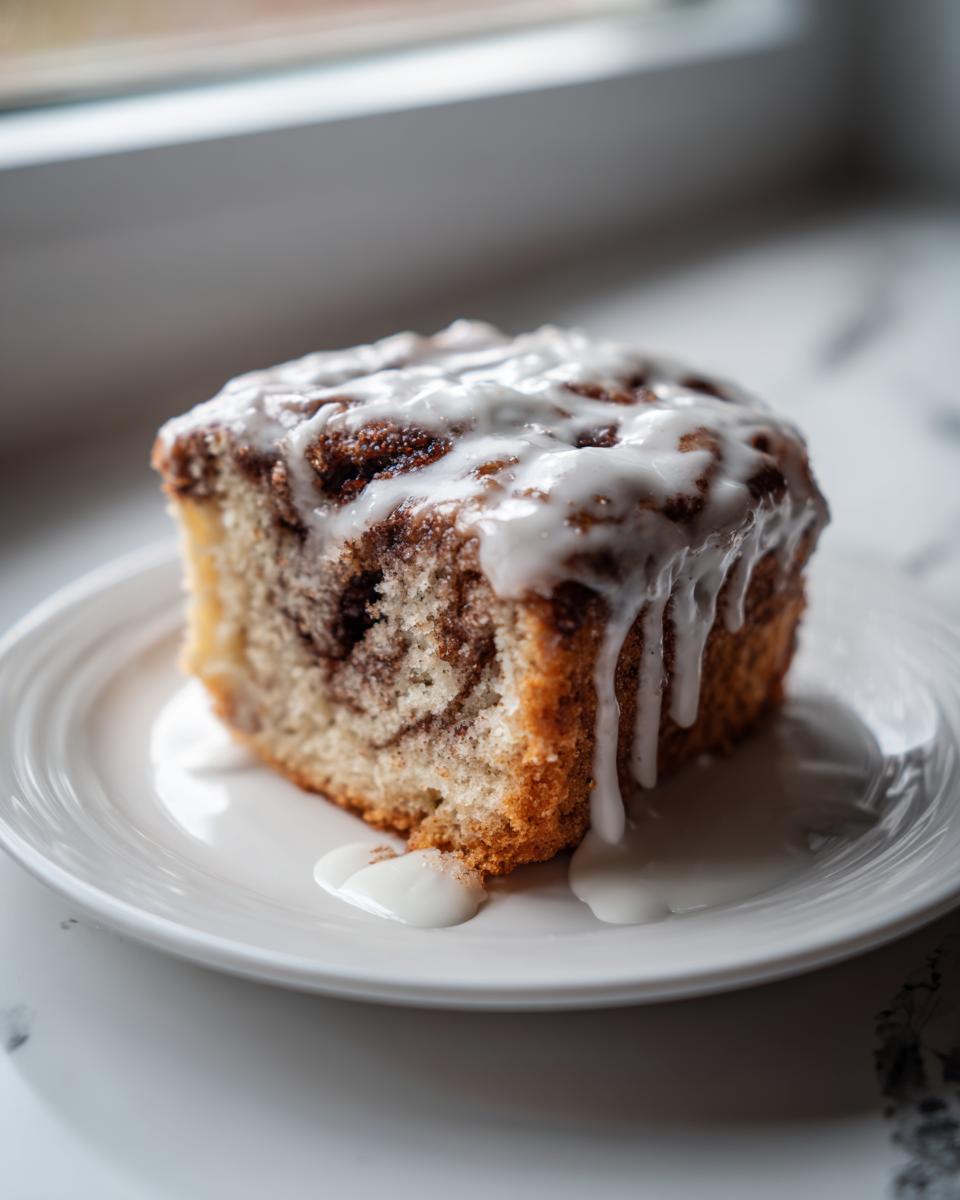 A square slice of moist gluten free cinnamon roll cake topped with thick white icing, served on a white plate.