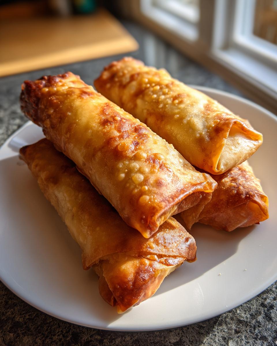 A stack of four golden, crispy bacon cheeseburger egg rolls piled on a white plate near a window.