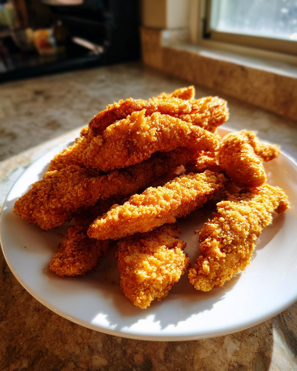 A pile of crispy, golden baked chicken tenders stacked on a white plate, illuminated by sunlight.