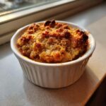 A single serving of warm mini apple crisps with a golden brown, crunchy topping in a white ramekin.