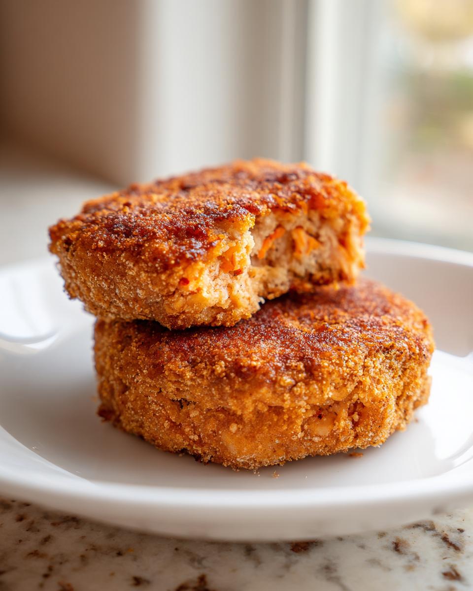 Two golden brown baked salmon patties stacked, with the top one having a bite taken out showing shredded ingredients inside.