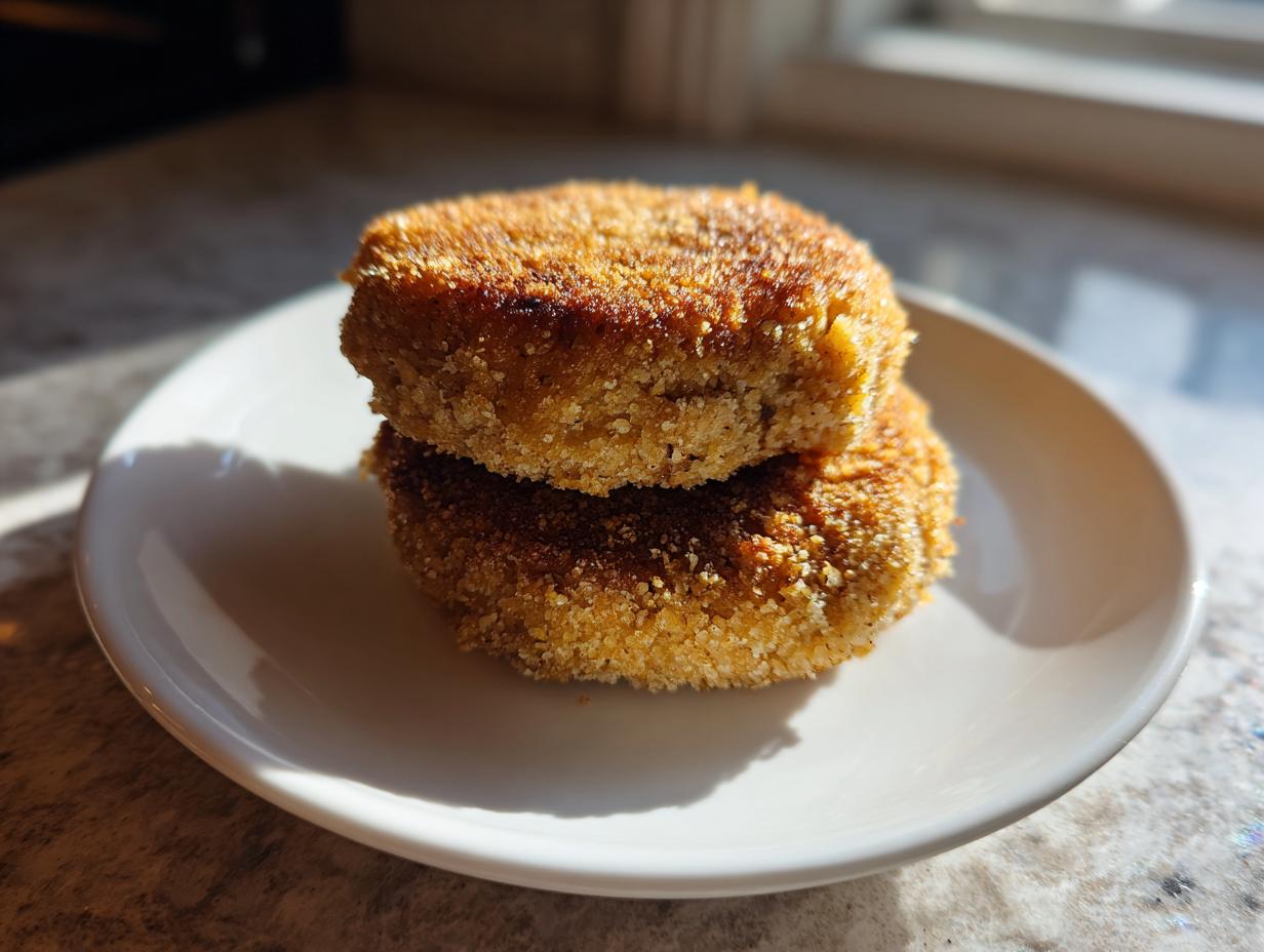 Two perfectly golden baked salmon patties stacked on a small white plate, highlighted by natural sunlight.