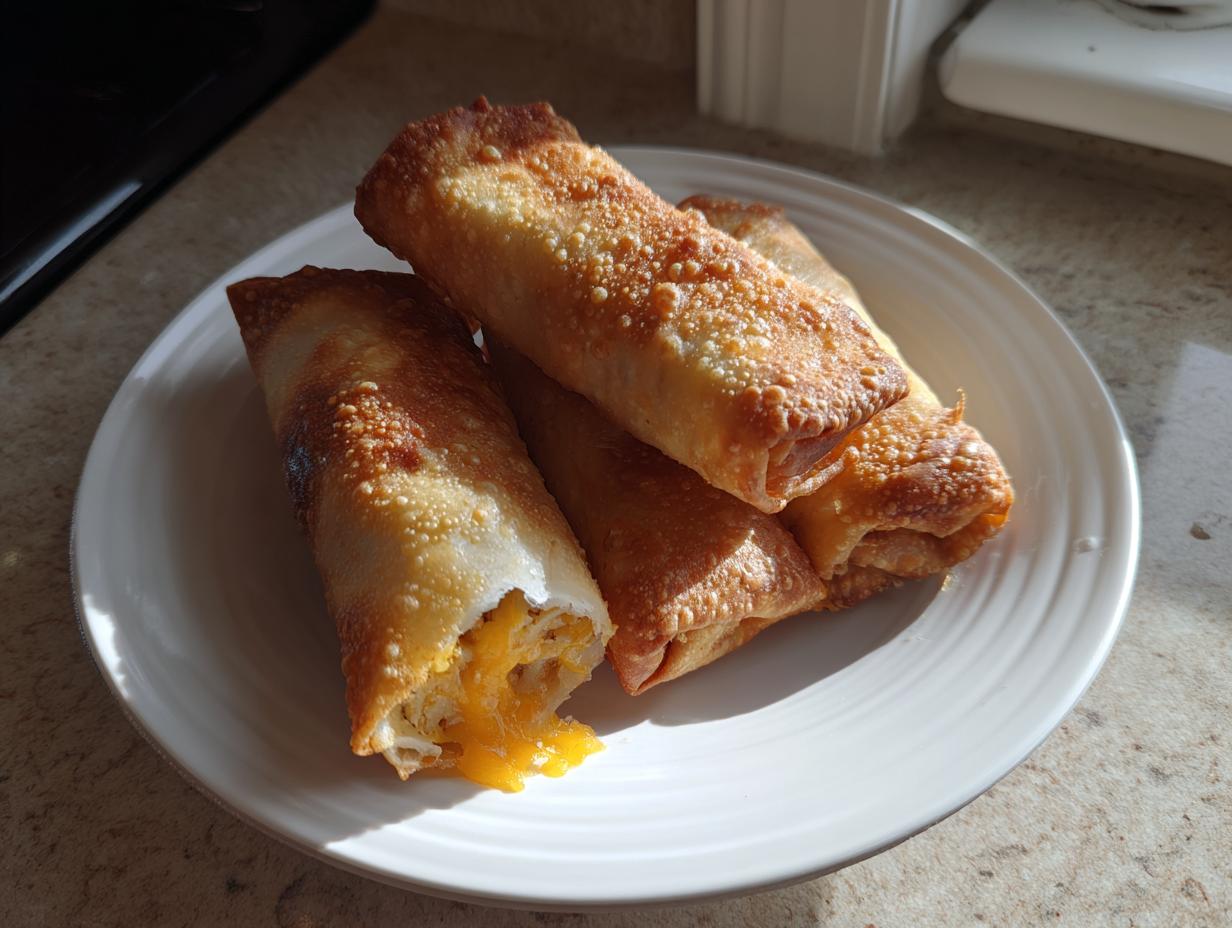 Four crispy, golden-brown cheeseburger egg rolls stacked on a white plate, one showing melted cheddar cheese spilling out.