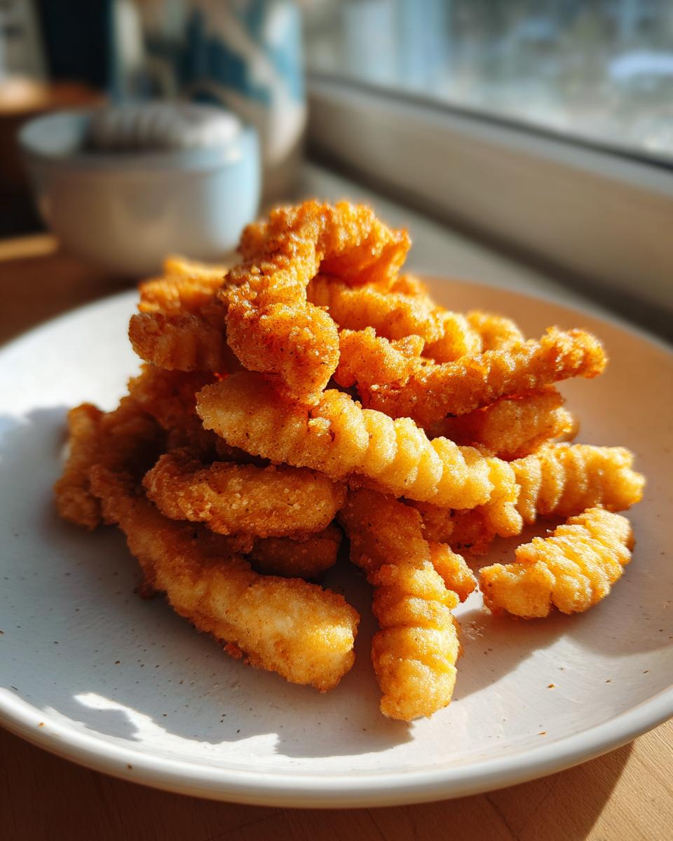 A close-up of a pile of perfectly golden and crispy homemade chicken tenders stacked on a light-colored plate.