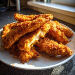 A pile of golden brown, crispy homemade chicken tenders stacked on a white plate, with one piece broken open showing the white meat.
