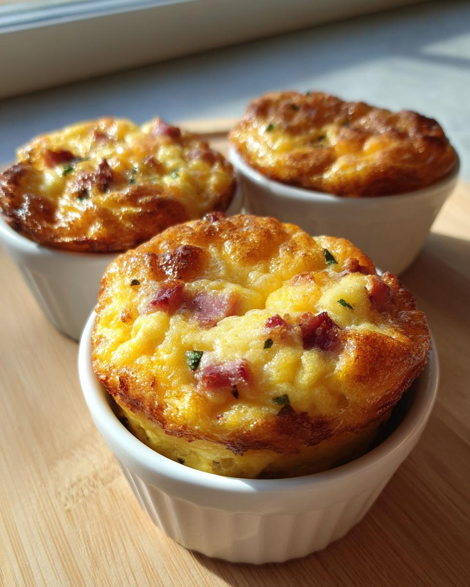 Three golden brown ham and cheese egg muffins baked in white ramekins on a wooden surface.