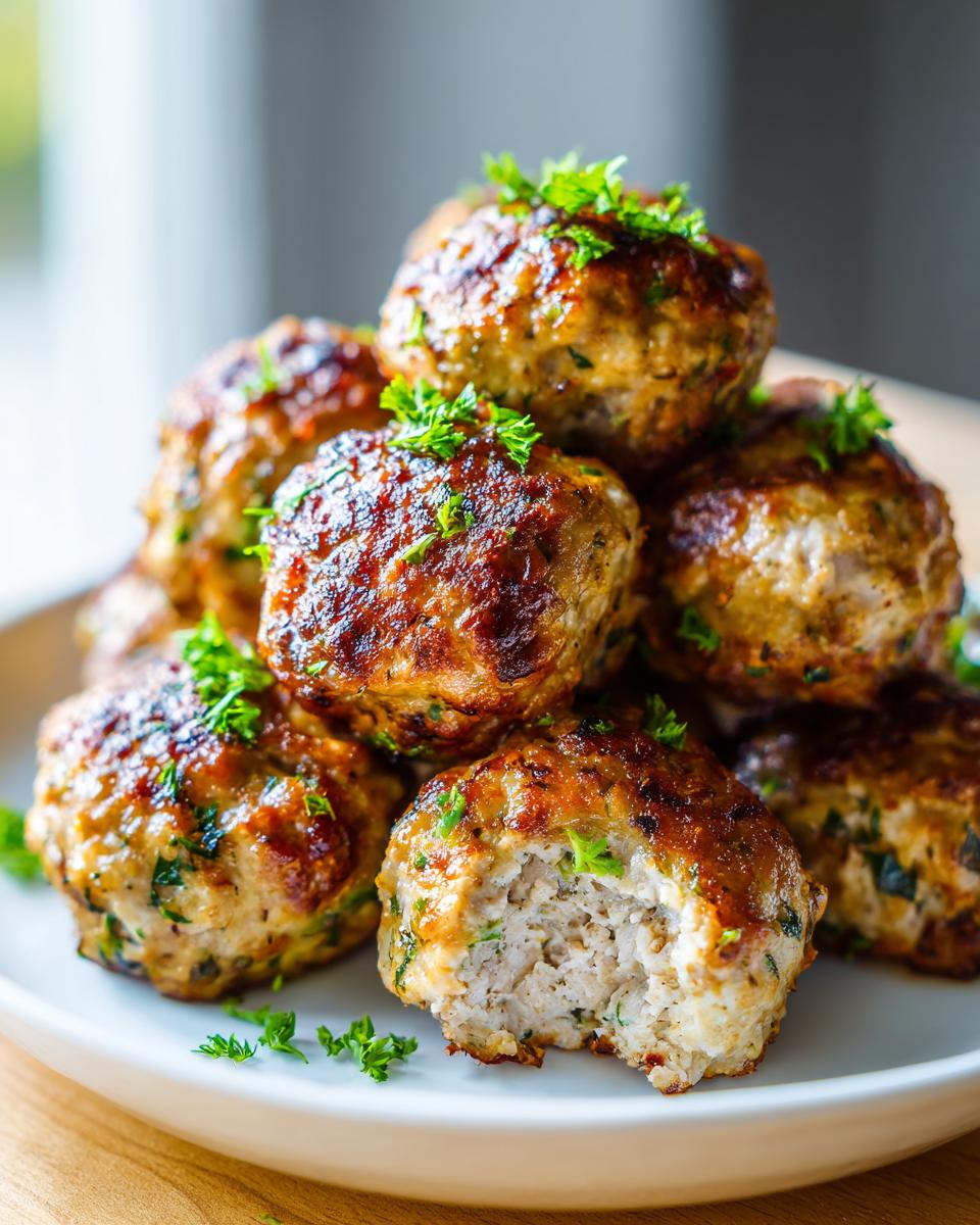 A stack of golden brown healthy greek chicken meatballs garnished with fresh parsley, one meatball has a bite taken out.