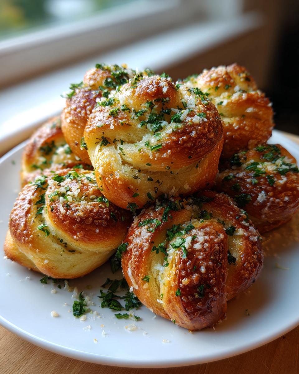 A close-up of several golden brown homemade garlic knots piled on a white plate, generously sprinkled with fresh parsley and grated cheese.