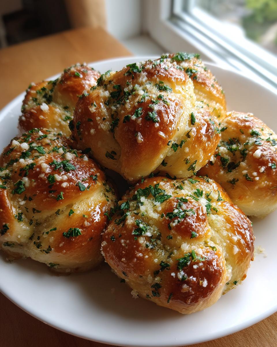 A plate of freshly baked homemade garlic knots, glistening with butter and topped with minced garlic and fresh parsley.