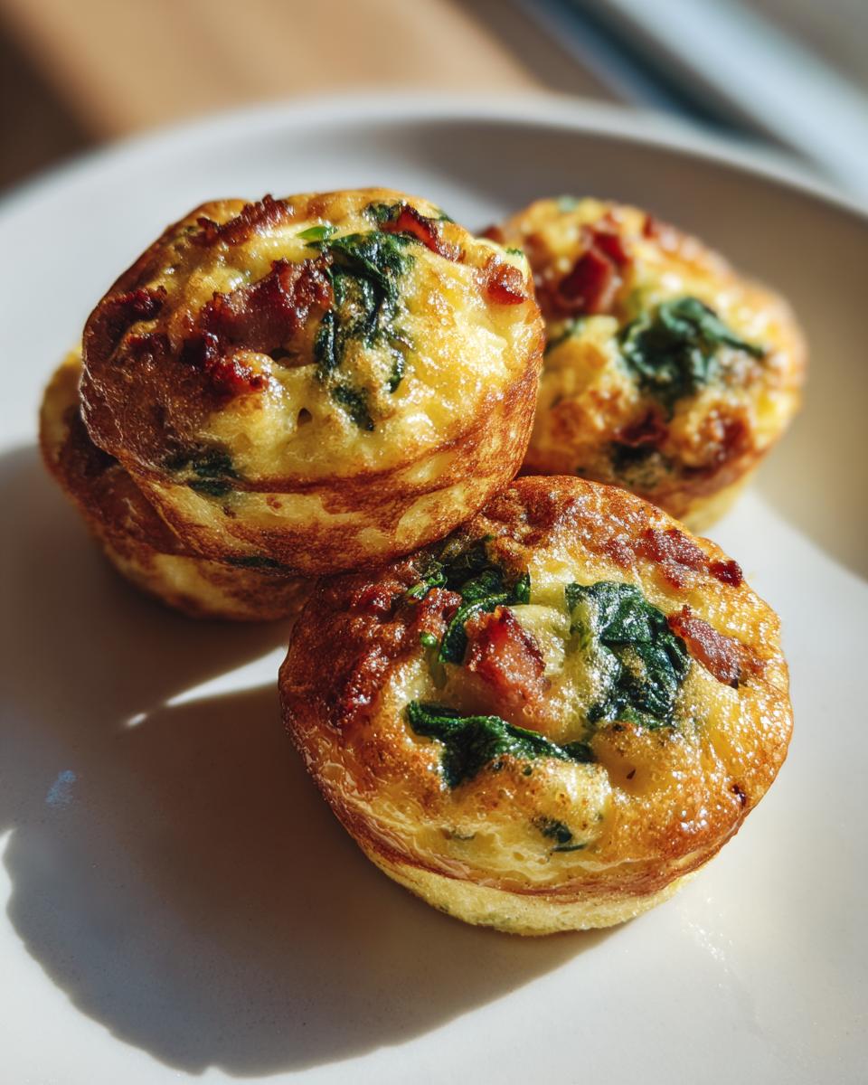 A close-up of three golden brown keto egg bites, baked with visible spinach and bacon pieces.