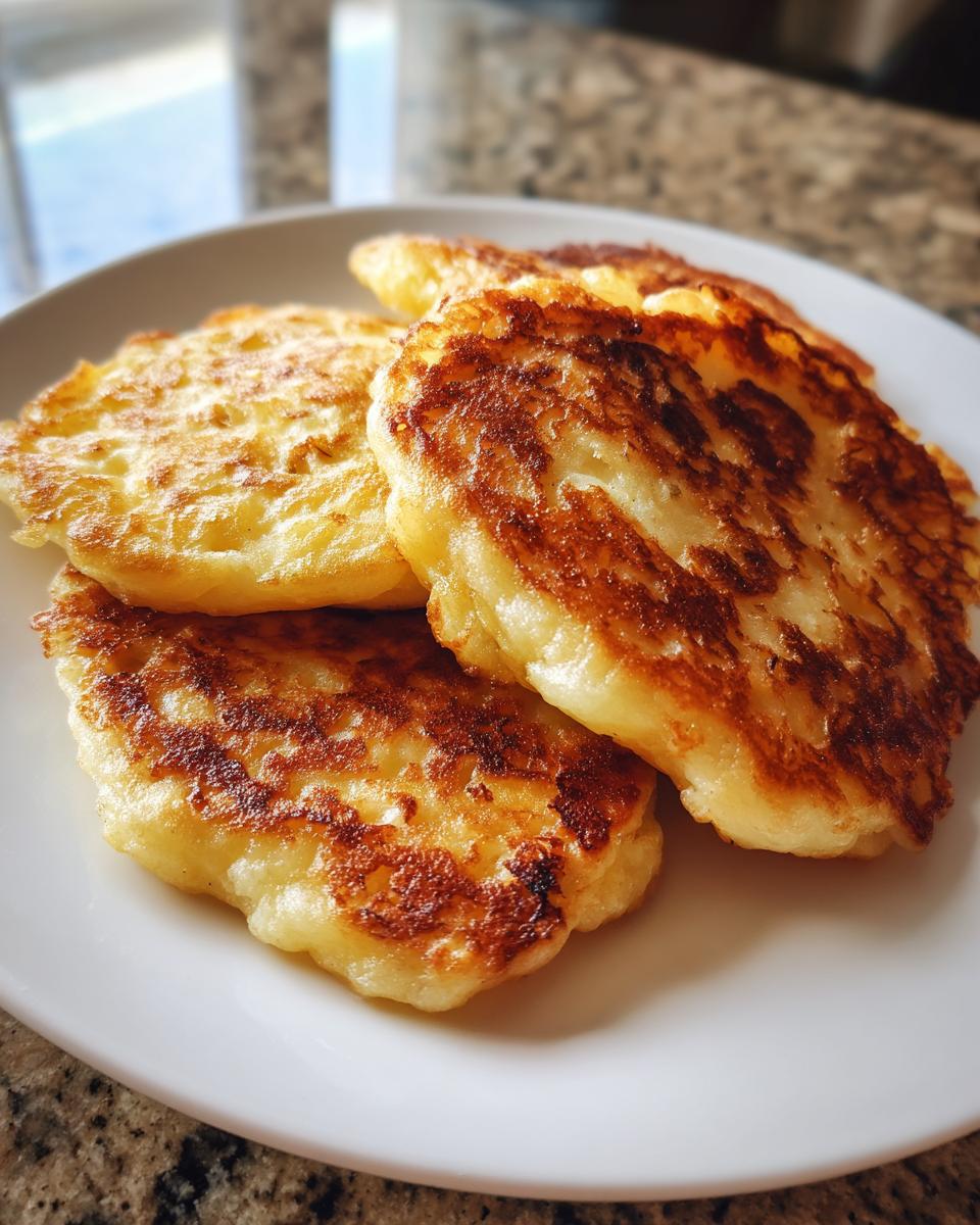 Four golden brown, pan-fried mashed potato pancakes stacked slightly on a white plate.