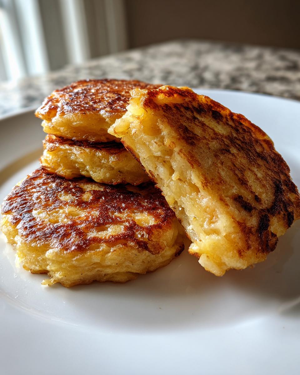 A stack of three golden brown mashed potato pancakes, with one cut in half to show the soft interior texture.