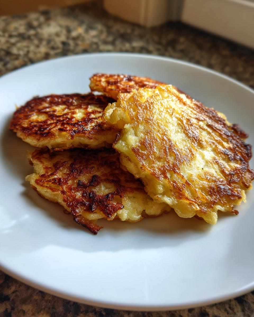 Close-up of four crispy, golden-brown mashed potato pancakes stacked slightly on a white plate.