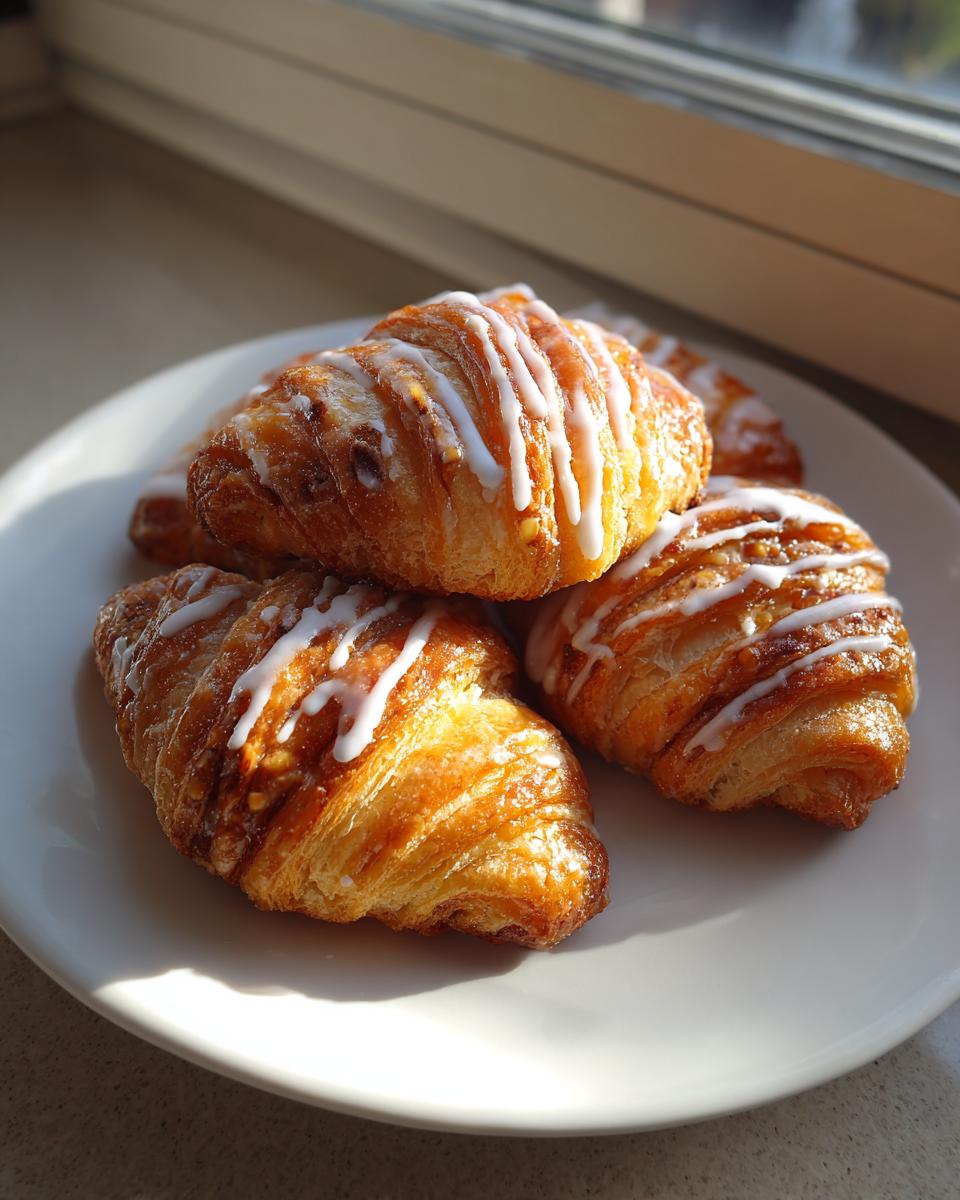 A stack of golden brown pecan pie crescents drizzled with white icing on a white plate.