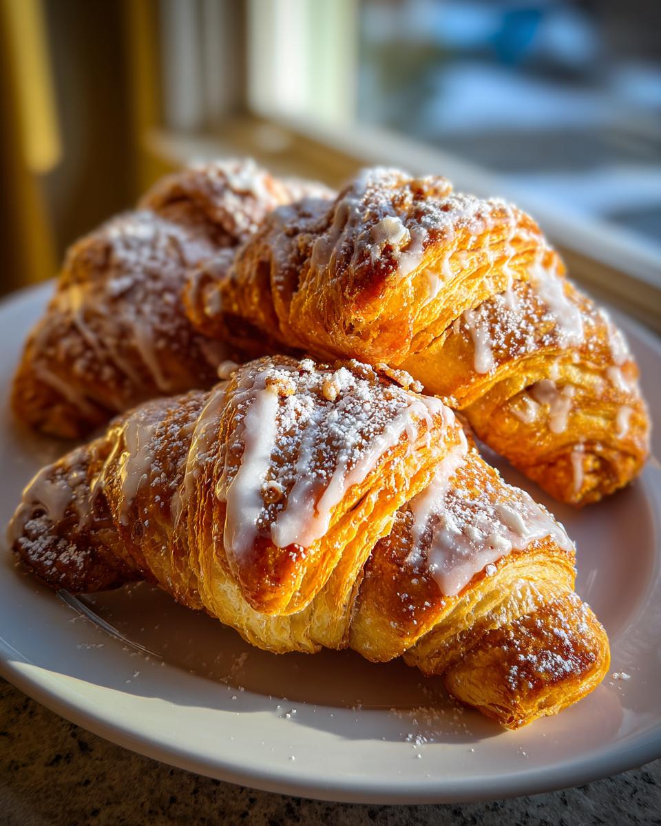 A close-up of several golden-brown pecan pie crescents drizzled with white icing and dusted with powdered sugar.