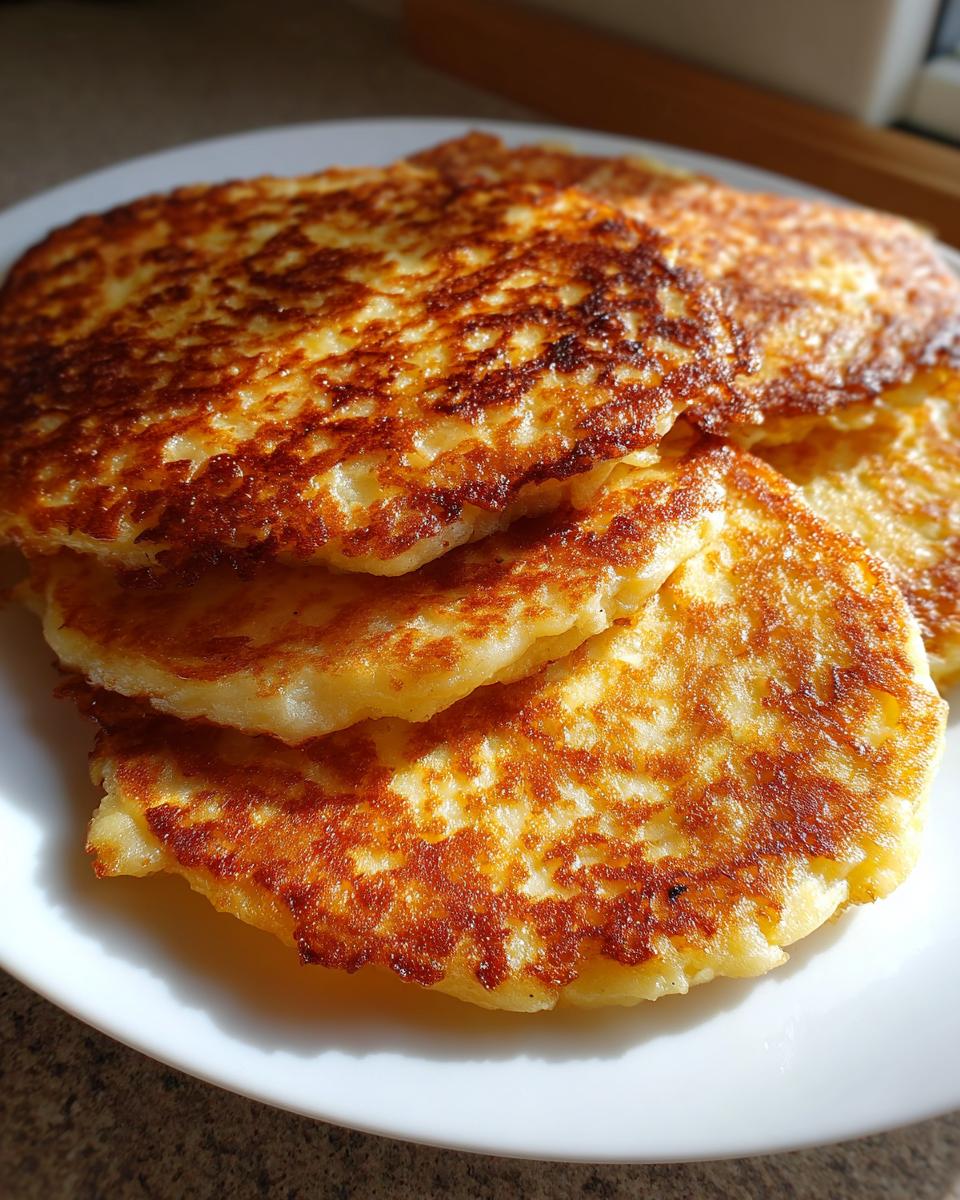 A close-up stack of perfectly golden brown polish potato pancakes with crispy edges, served on a white plate.