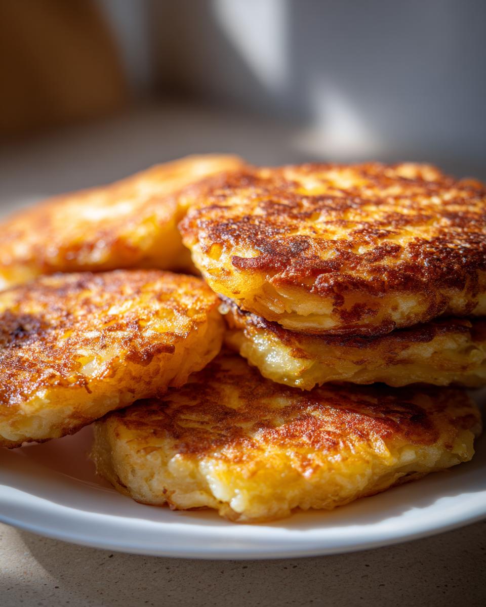 A close-up stack of perfectly fried, golden brown polish potato pancakes on a white plate.