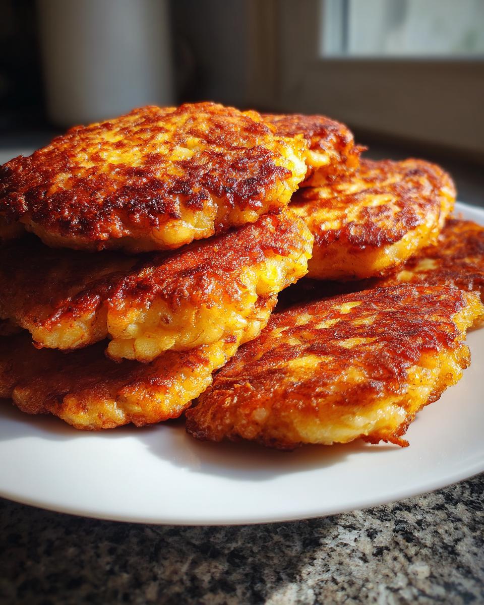 A stack of perfectly golden brown, crispy polish potato pancakes served on a white plate.