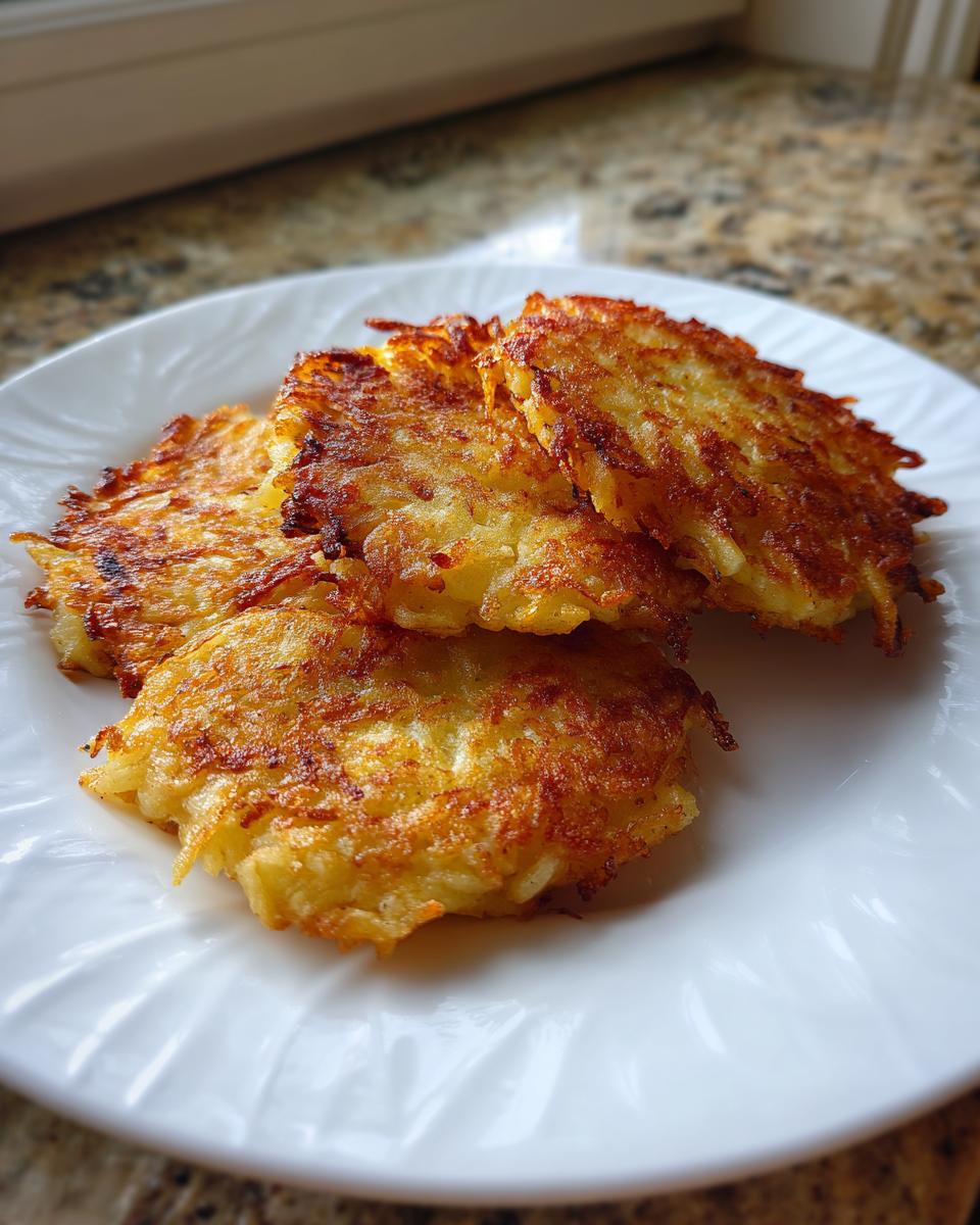 A stack of three perfectly golden brown and crispy potato pancakes served on a white plate.