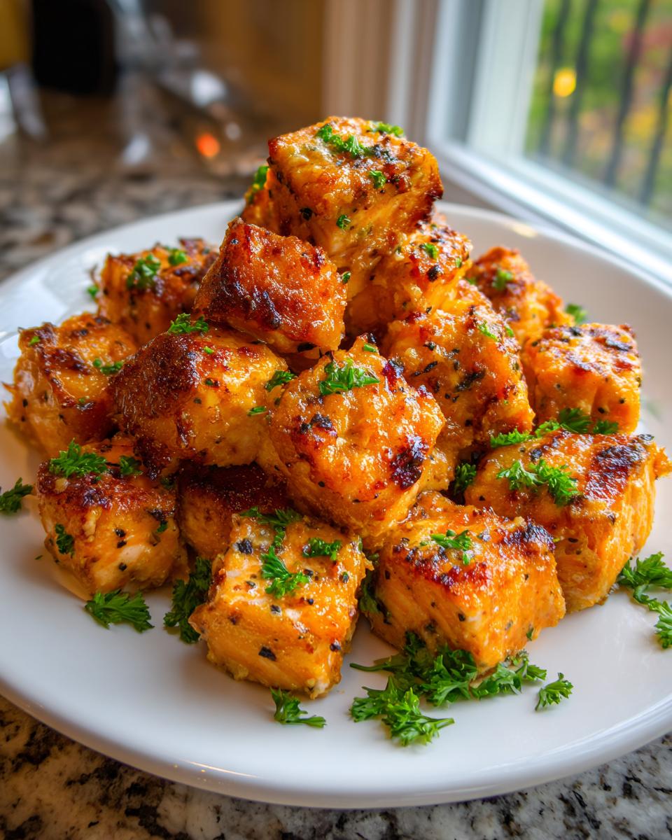 A mound of perfectly cooked, golden brown salmon bites garnished with fresh parsley on a white plate.