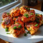 A close-up of perfectly cooked, golden brown salmon bites seasoned and topped with fresh chopped parsley on a white plate.