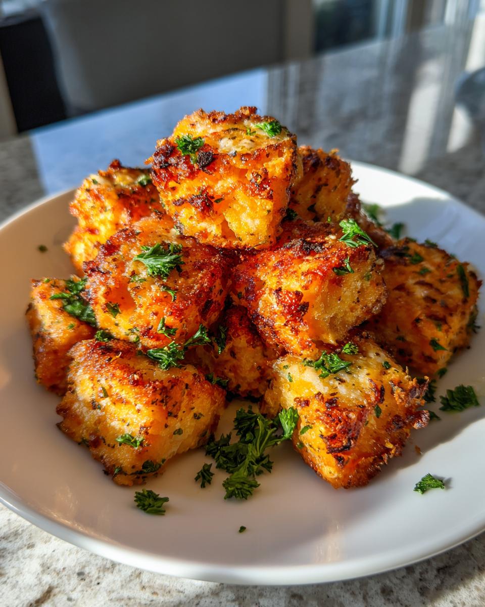 A stack of perfectly cooked, golden brown salmon bites garnished with fresh parsley on a white plate.
