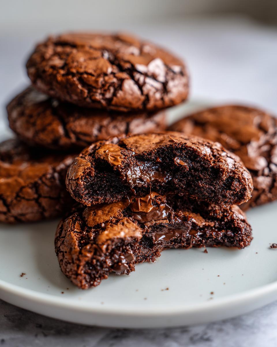 Close-up of rich, dark brownie mix cookies, one broken open revealing a molten chocolate center.