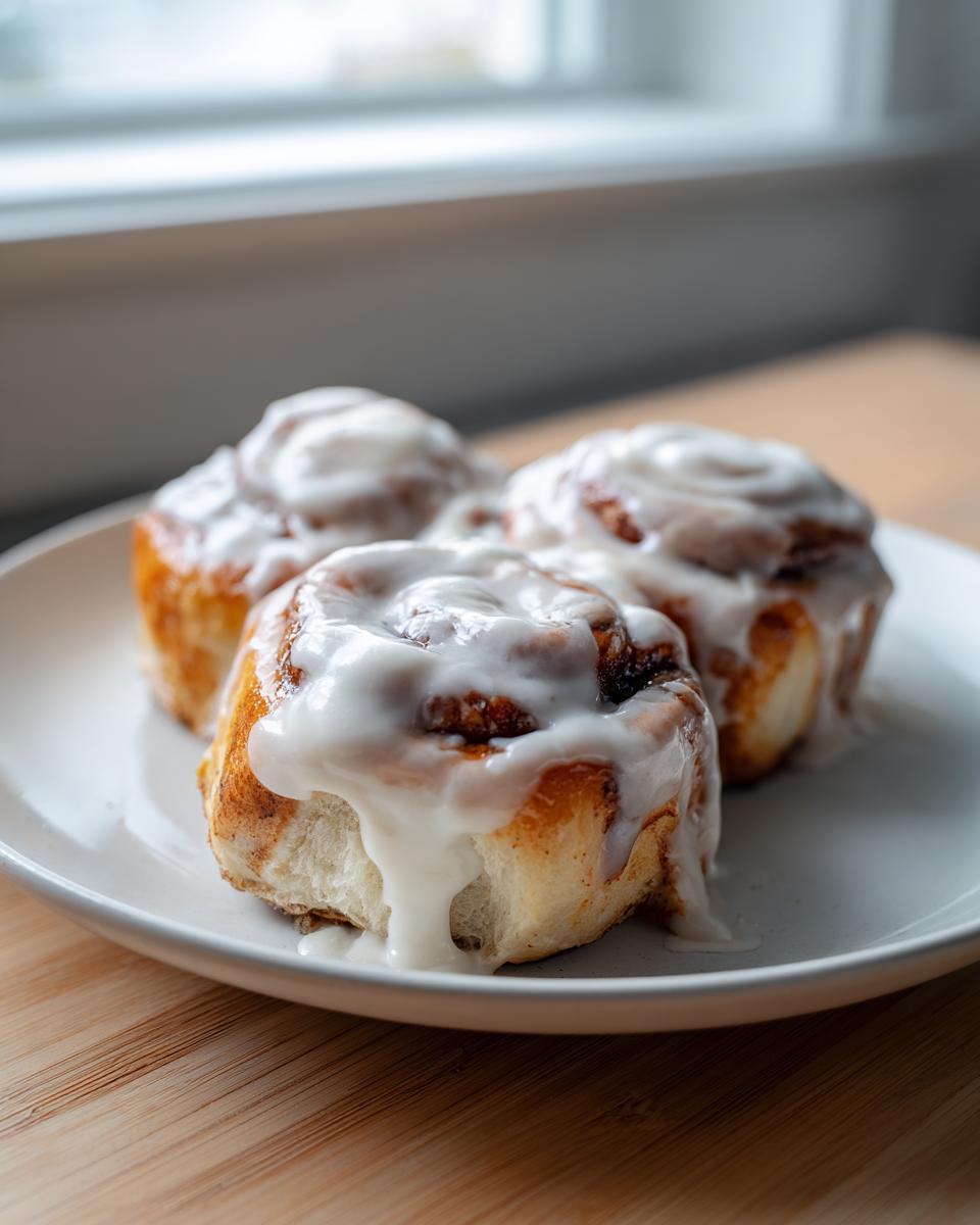 Three freshly baked, gooey cinnamon rolls generously topped with dripping white icing, served on a light plate.