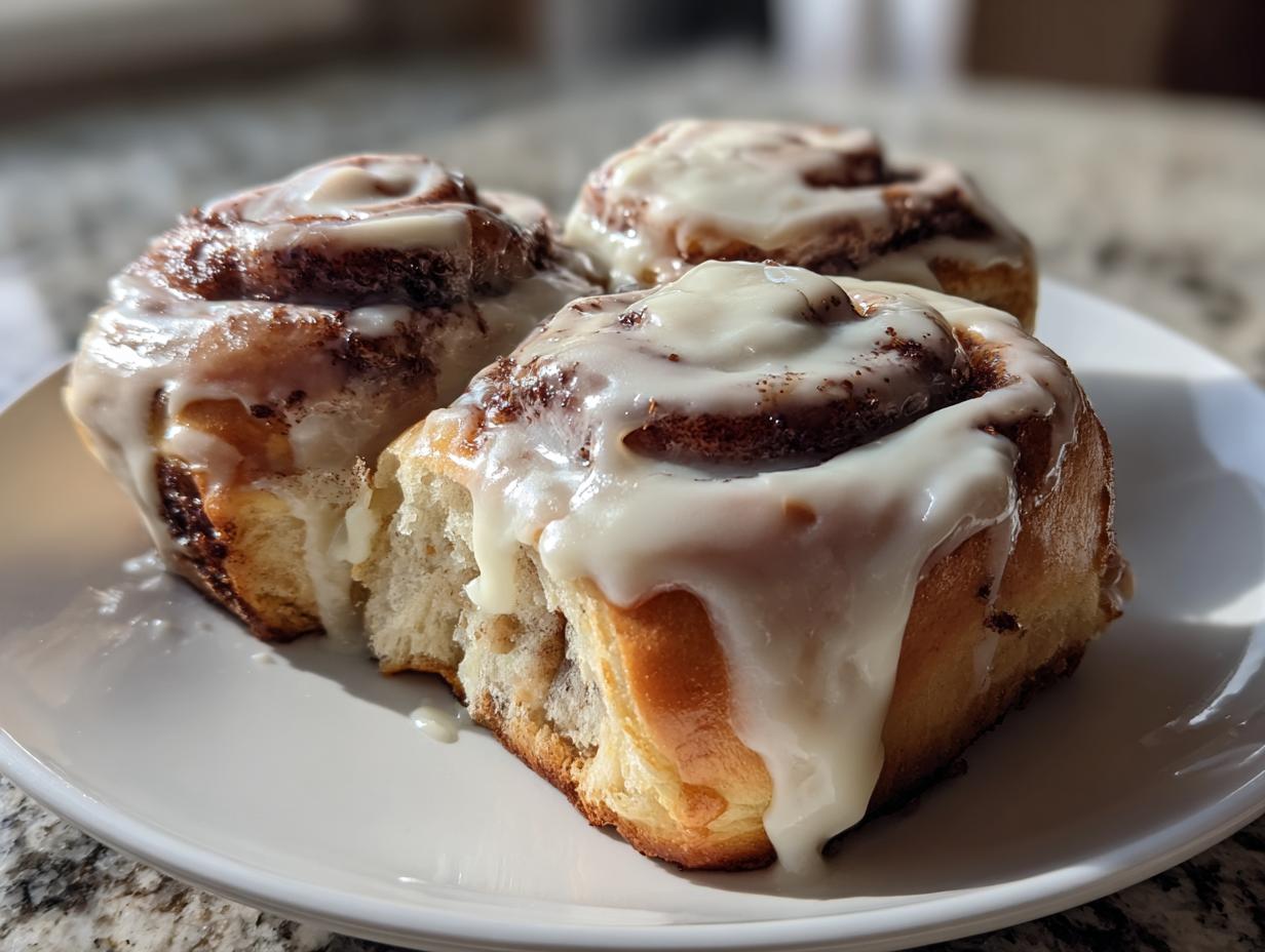 Three freshly baked, gooey cinnamon rolls heavily topped with white cream cheese icing, sitting on a white plate.