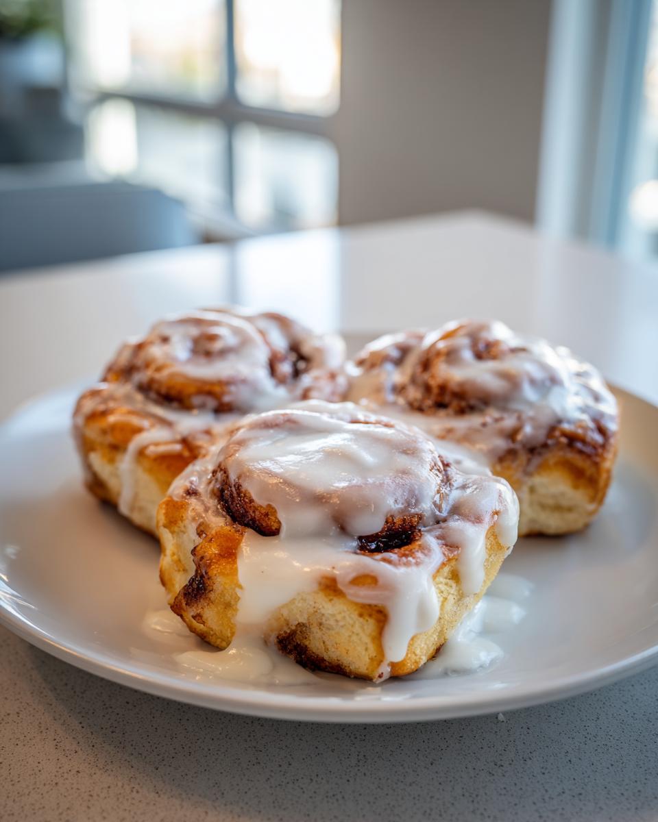 Three freshly baked gooey cinnamon rolls generously covered in thick white icing, served on a white plate.