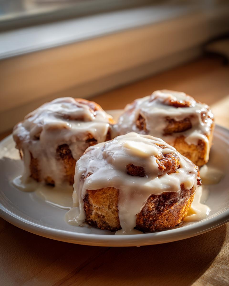 Three freshly baked, gooey cinnamon rolls generously topped with thick white icing, sitting on a white plate.