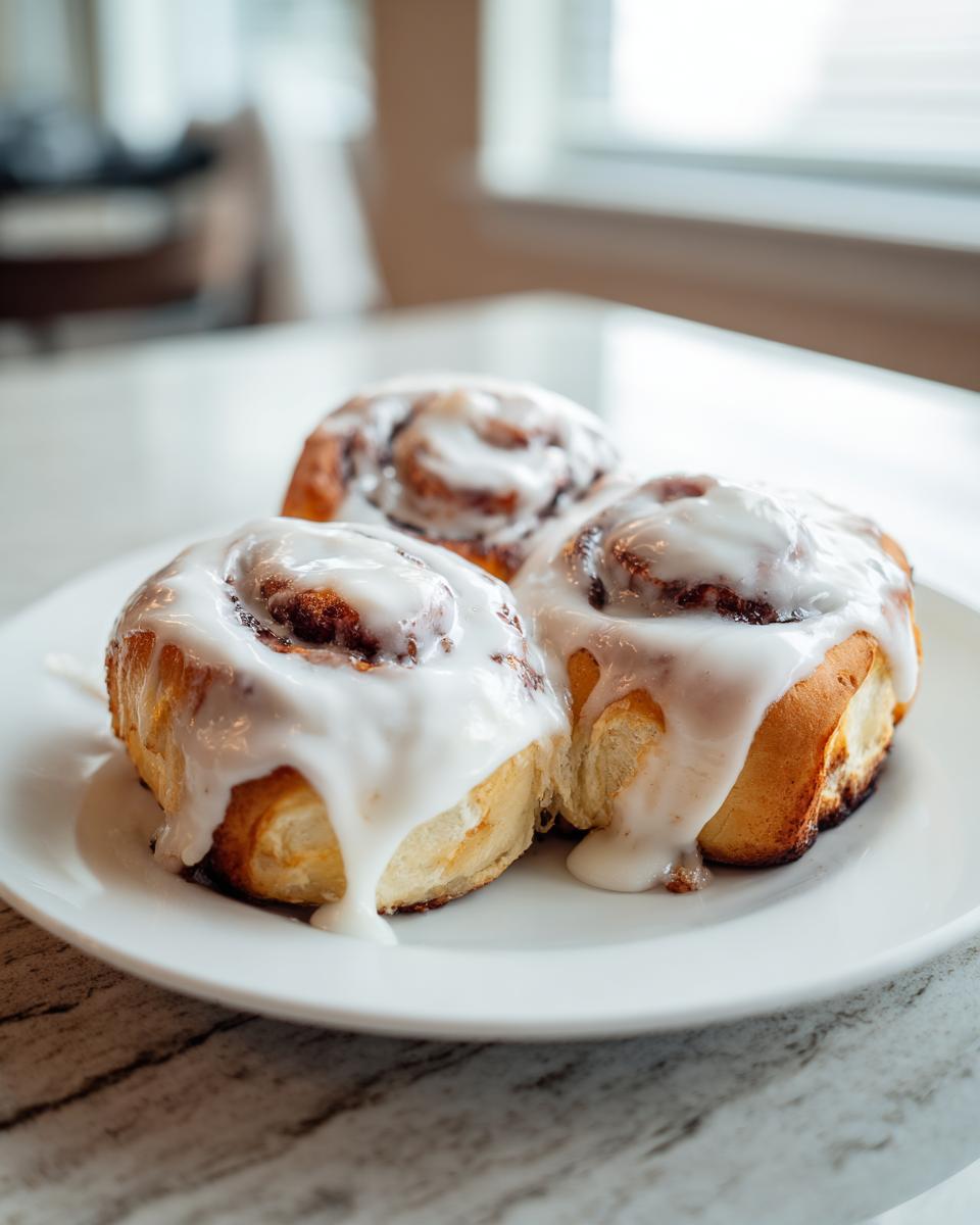 Three freshly baked gooey cinnamon rolls generously topped with thick white icing, served on a white plate.