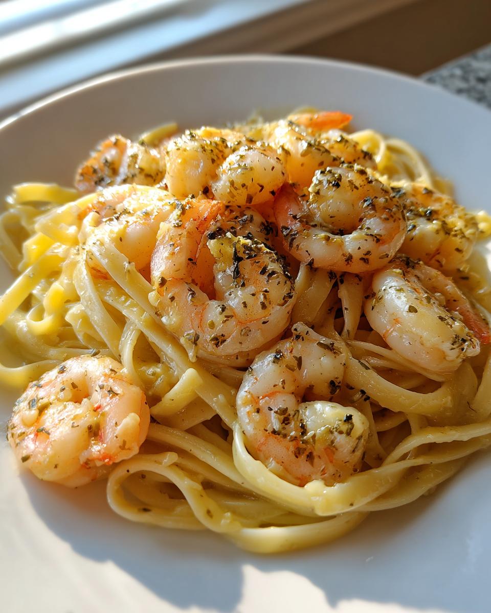 A close-up of fettuccine pasta topped with plump shrimp seasoned with herbs, resembling Gordon Ramsay's shrimp scampi.