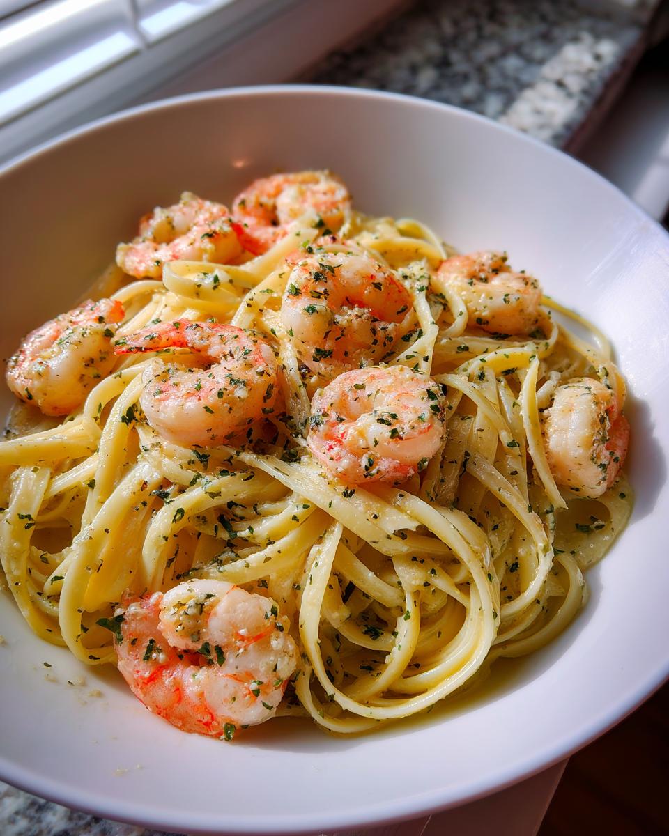 A close-up of a white bowl filled with linguine pasta topped generously with succulent shrimp in a buttery sauce, characteristic of Gordon Ramsay's shrimp scampi.