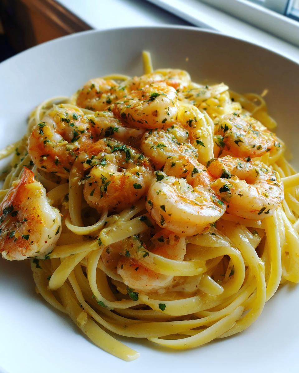 Close-up of a white bowl filled with linguine pasta topped generously with perfectly cooked shrimp in a garlic butter sauce for gordon ramsay's shrimp scampi.