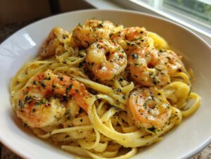 Close-up of Gordon Ramsay's Shrimp Scampi served over fettuccine pasta, garnished with herbs.