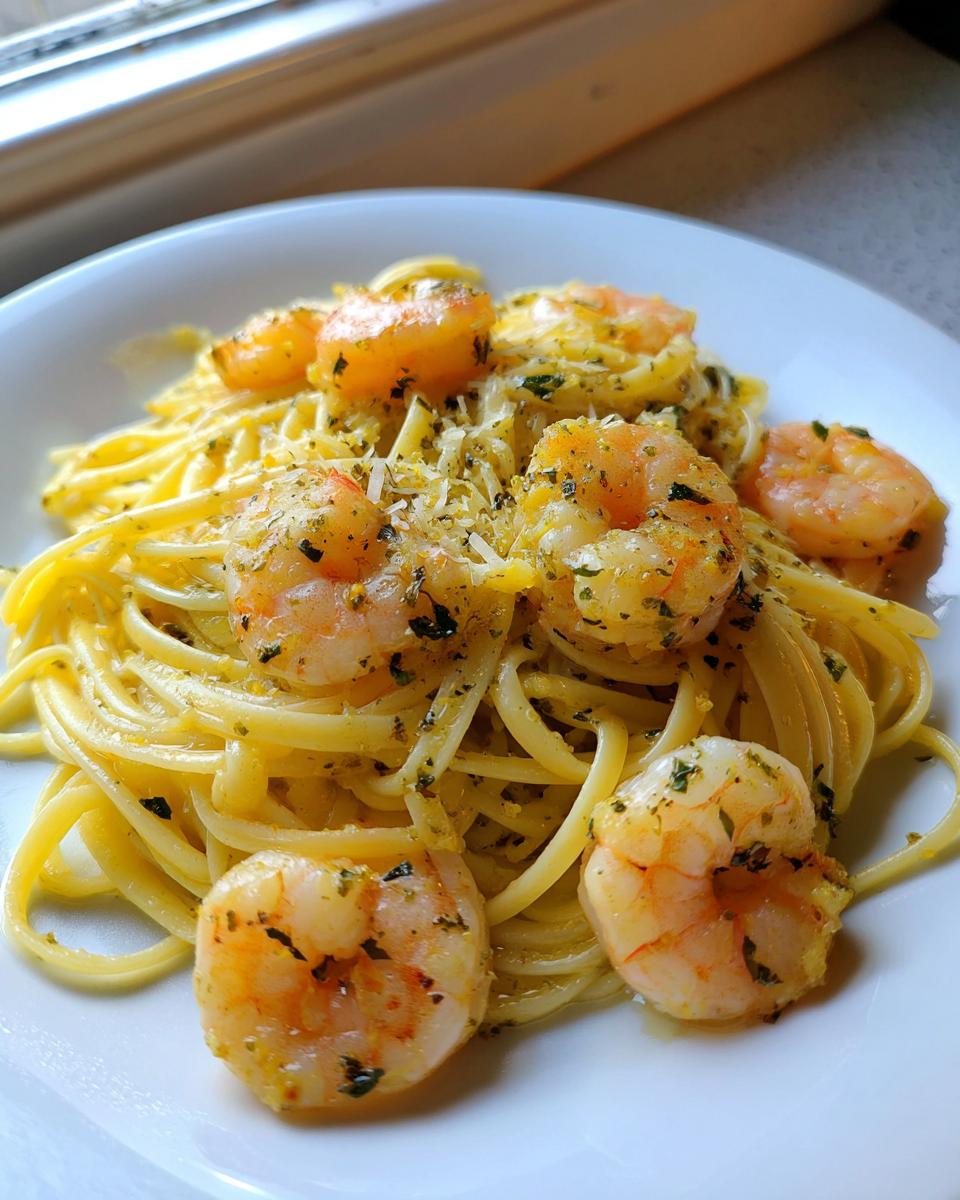 Close-up of a white plate featuring Gordon Ramsay's shrimp scampi served over linguine pasta, garnished with herbs and cheese.