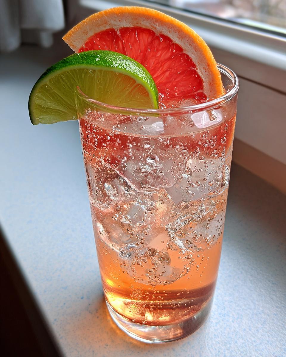 A tall glass filled with ice and a pink grapefruit lime spritzer, garnished with a grapefruit slice and a lime wedge.