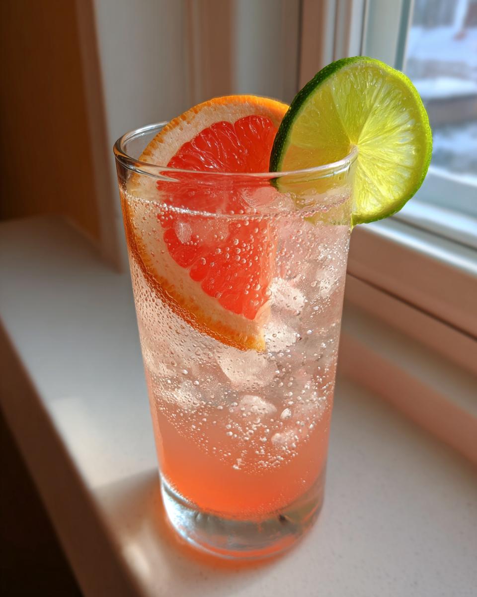 Close-up of a refreshing grapefruit lime spritzer with ice, garnished with fresh grapefruit and lime slices.