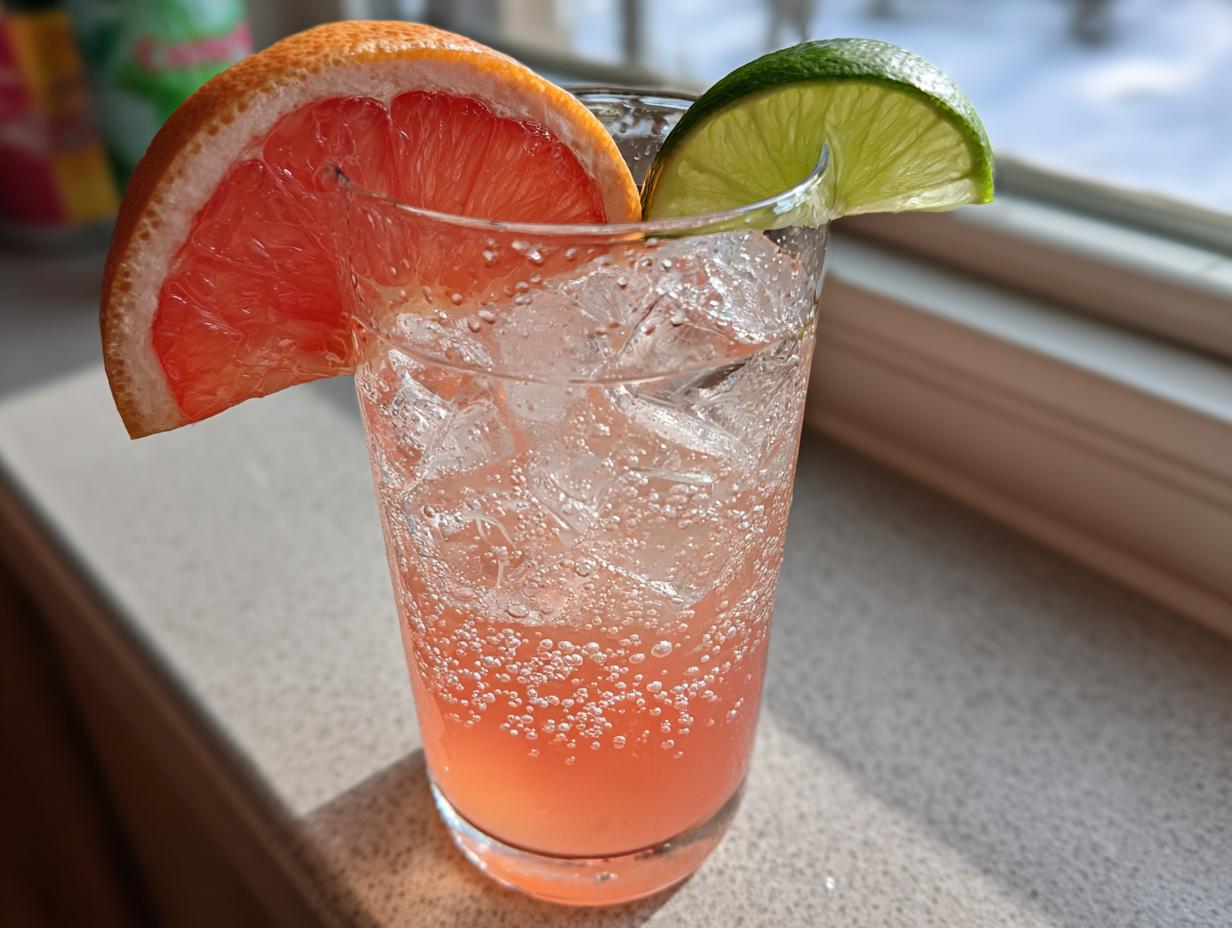 Close-up of a fizzy grapefruit lime spritzer cocktail filled with ice and garnished with grapefruit and lime wedges.