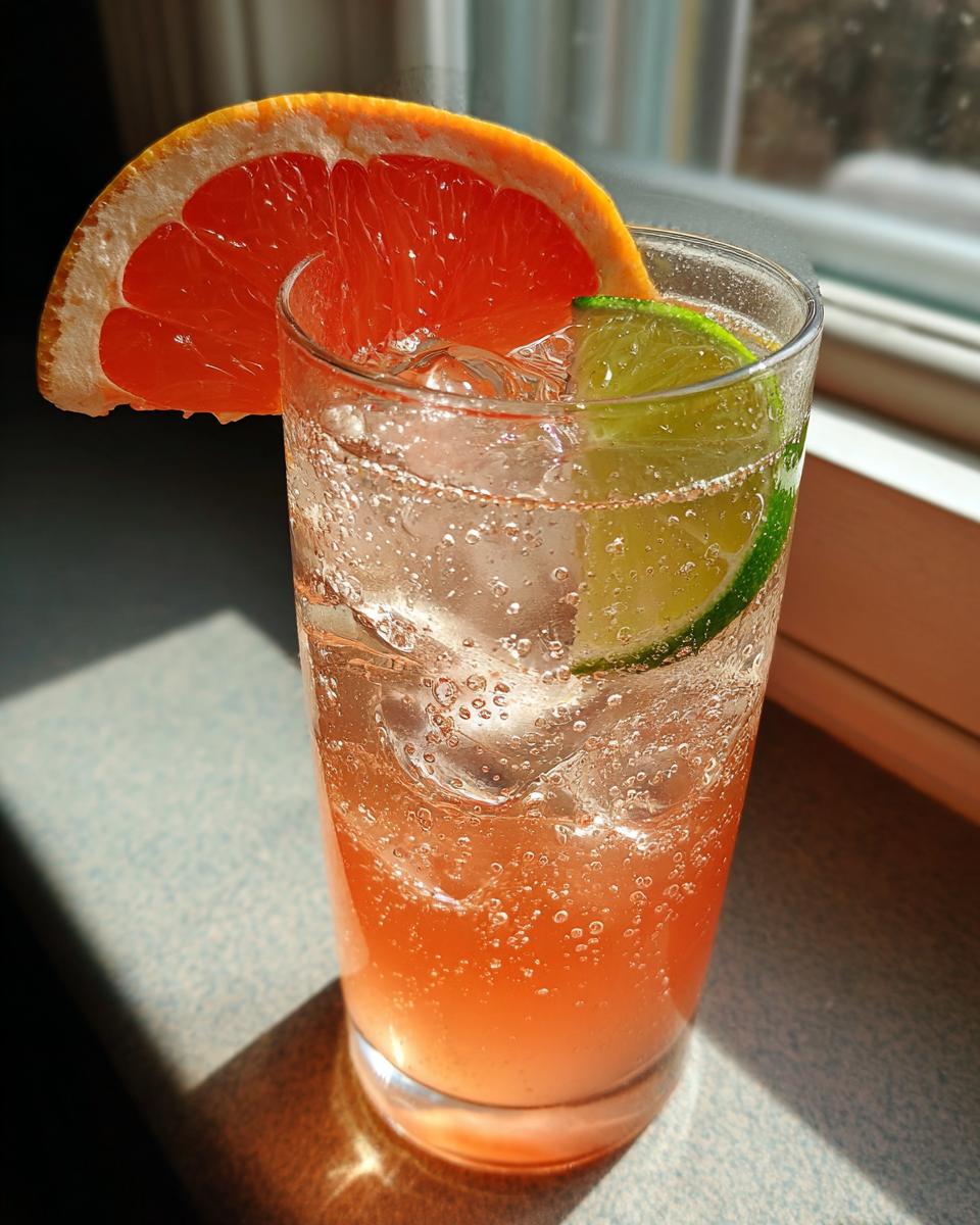 A tall glass of bubbly grapefruit lime spritzer with ice, garnished with a grapefruit slice and a lime wedge.