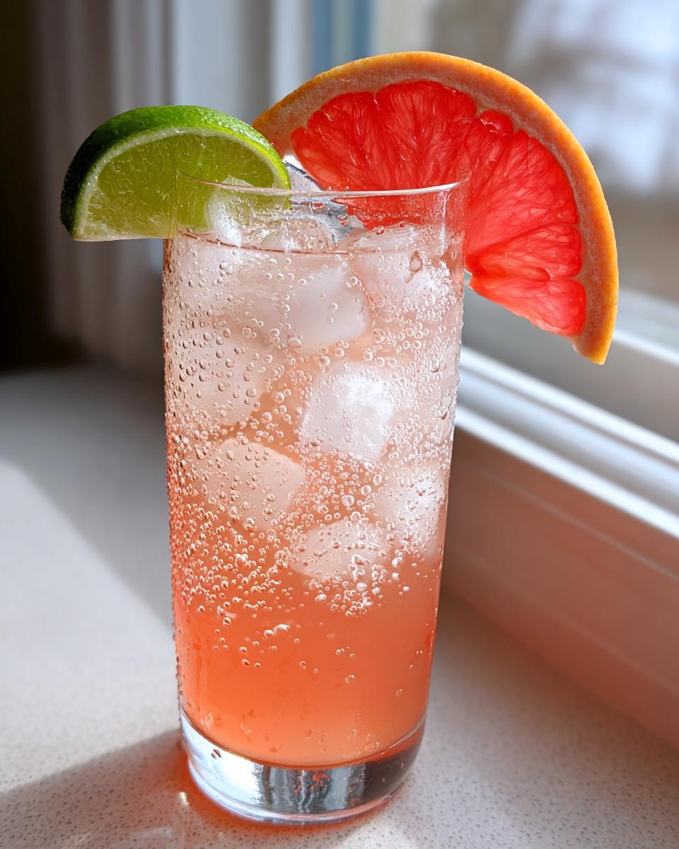 Close-up of a tall glass filled with a pink grapefruit lime spritzer, ice cubes, and garnished with a lime wedge and grapefruit slice.
