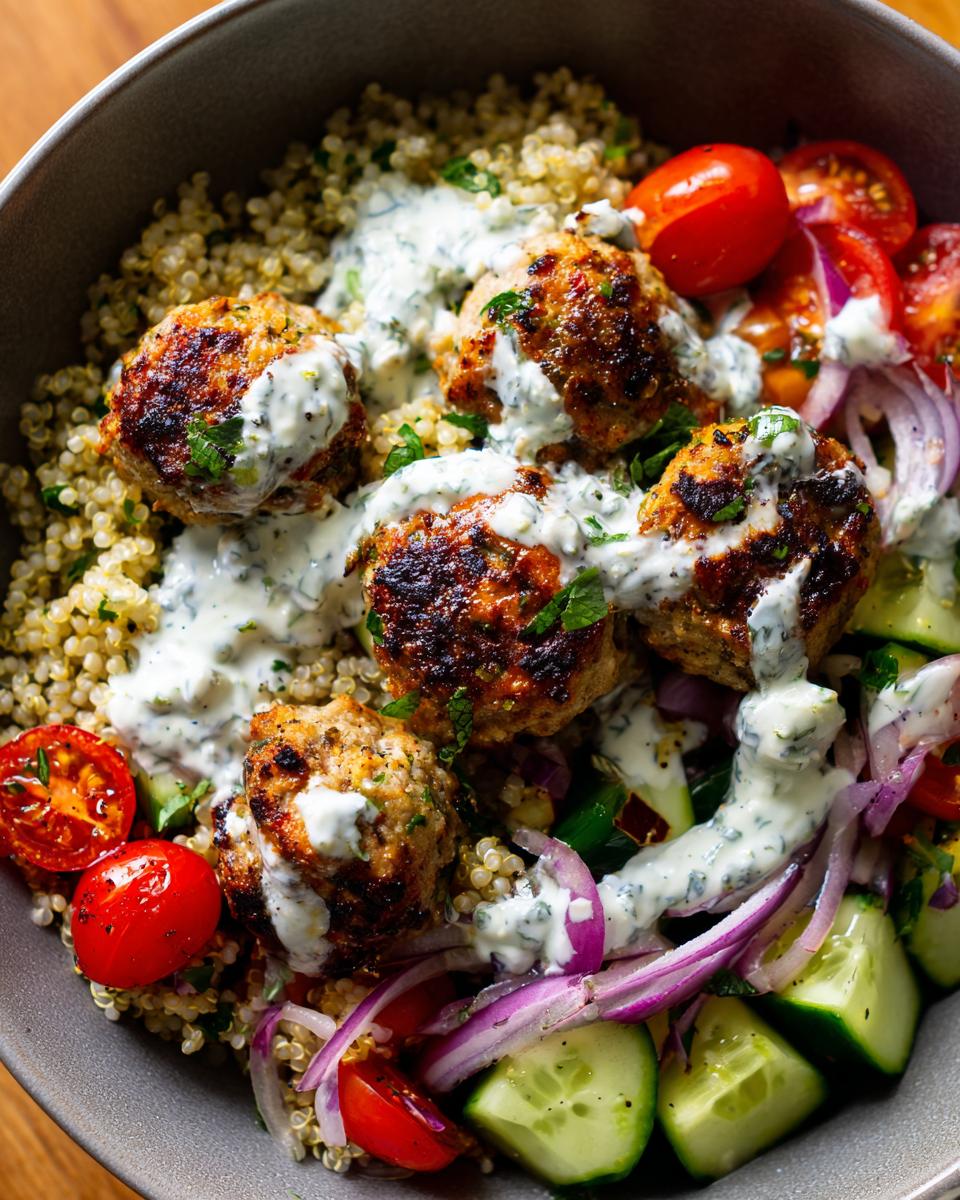 Close-up of perfectly seared greek chicken meatball bowls served over quinoa with fresh cucumbers, tomatoes, red onion, and drizzled with tzatziki sauce.