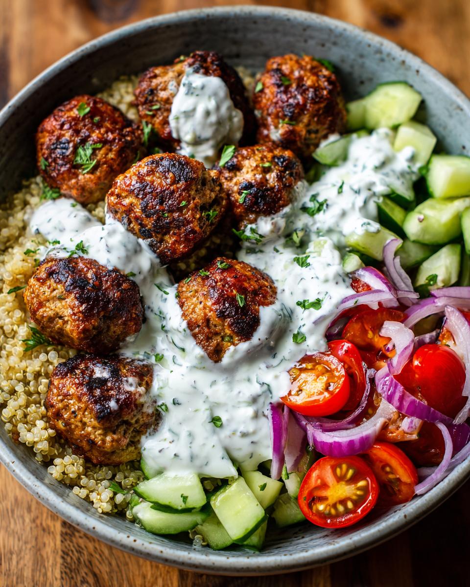 Close-up of perfectly browned greek chicken meatball bowls served over quinoa with cucumbers, tomatoes, red onion, and tzatziki sauce.