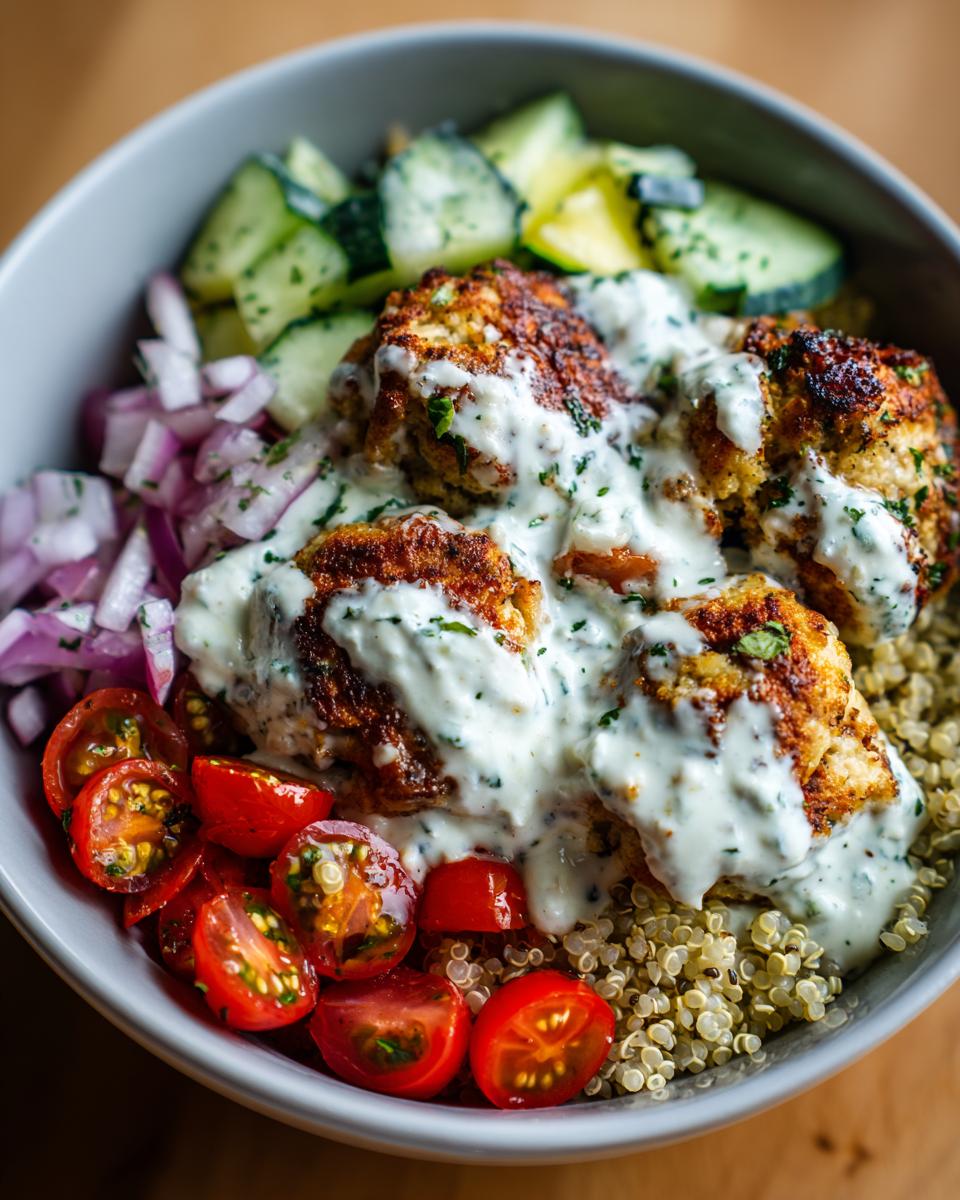A close-up of a bowl featuring golden brown greek chicken meatball bowls served over quinoa with cherry tomatoes, red onion, cucumber, and a creamy sauce.