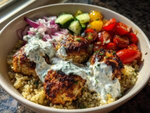 Close-up of a bowl featuring seared greek chicken meatball bowls served over quinoa with tzatziki sauce and fresh vegetables.