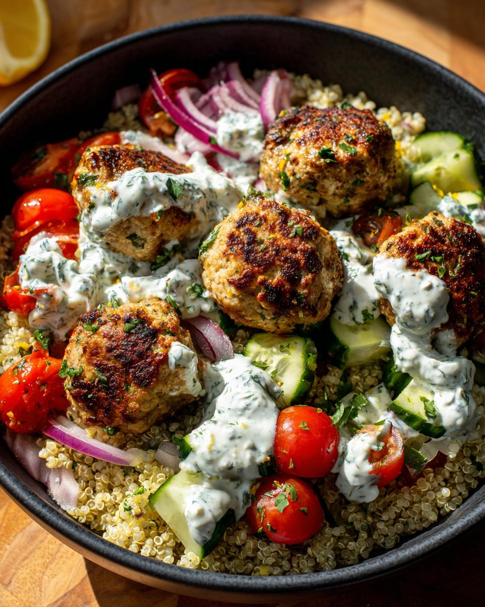 Close-up of a bowl featuring seared greek chicken meatball bowls over quinoa, topped with cucumber, tomato, red onion, and tzatziki sauce.