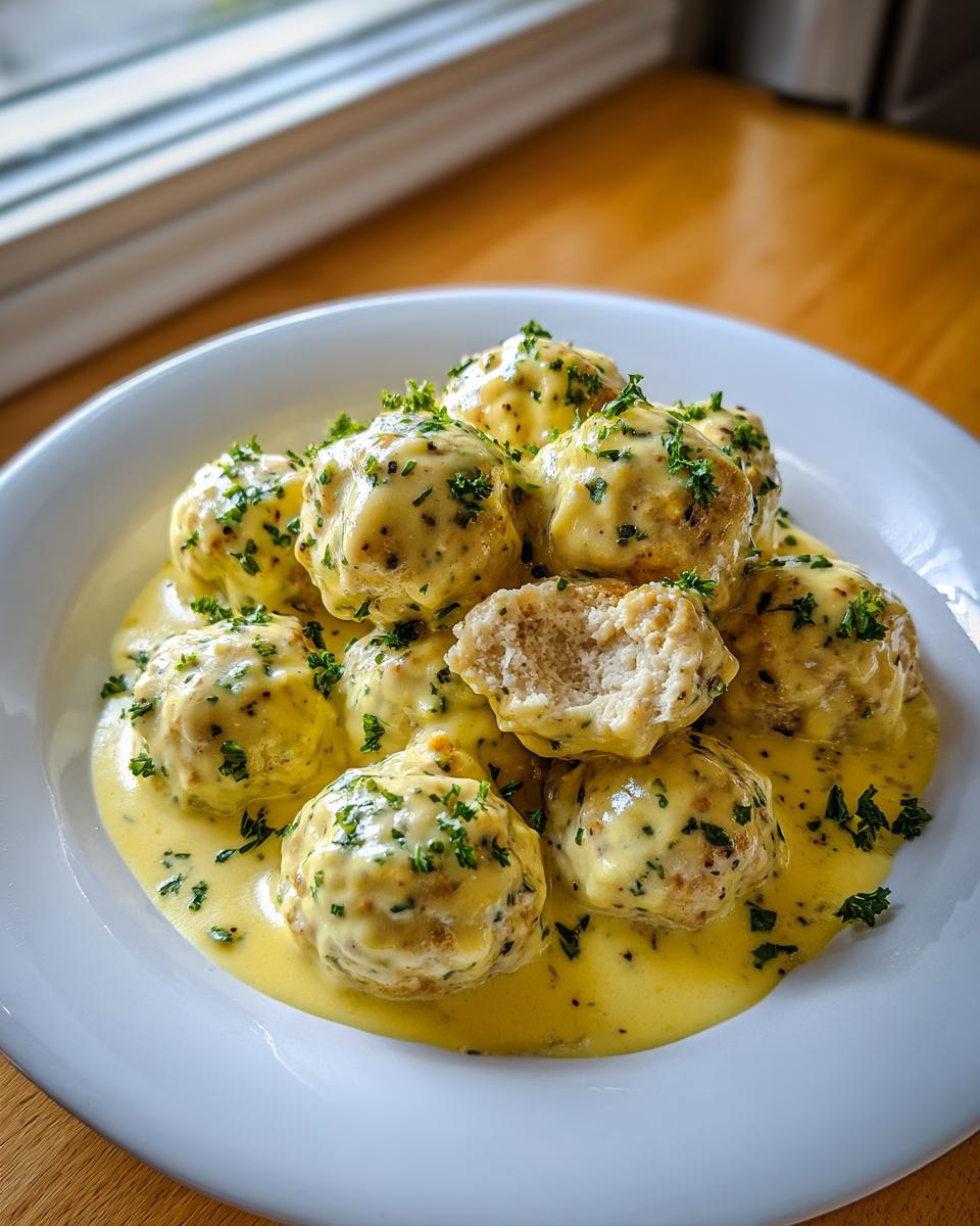 A white bowl filled with greek chicken meatballs in lemon cream sauce, garnished with parsley. One meatball is broken open.