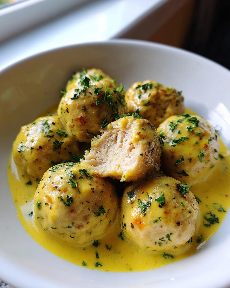 A bowl of tender greek chicken meatballs covered in a rich, yellow lemon cream sauce and sprinkled with fresh parsley.