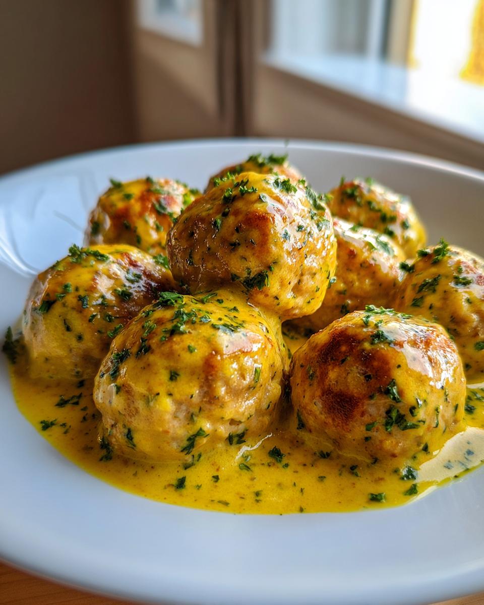 A close-up of several golden greek chicken meatballs generously coated in a vibrant lemon cream sauce and sprinkled with fresh parsley.